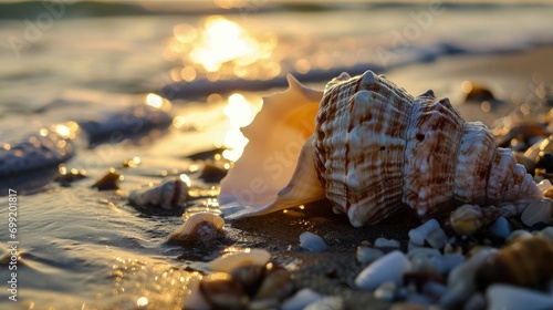 A Beautiful Sea Shell on the Beach at Sunset