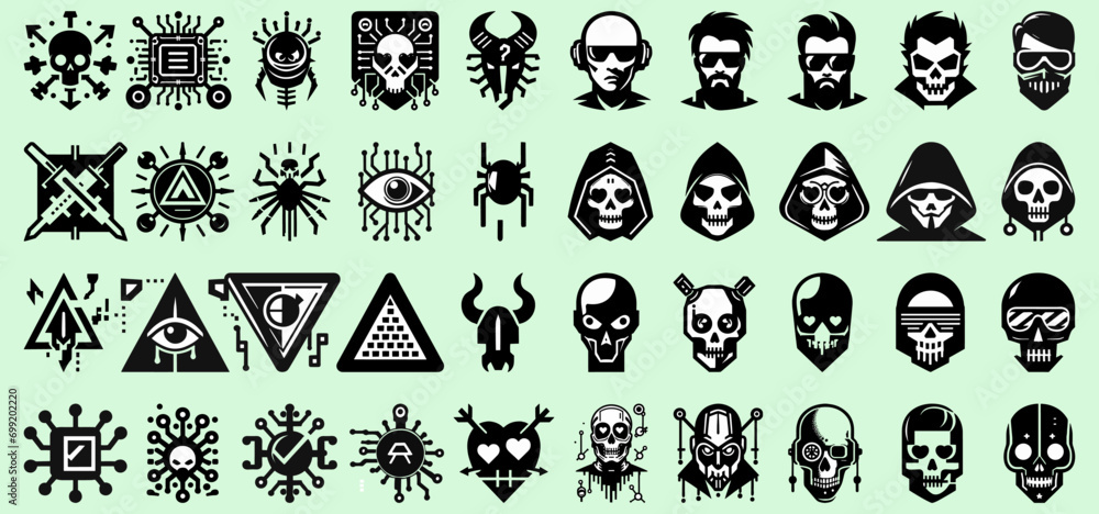 Mega set of black and white cyberpunk characters and elements isolated on a light green background. Hackers, cyber warriors, skulls, futuristic symbols and signs. Mega set of black and white cyberpunk characters and elements isolated on a light green background. Hackers, cyber warriors, skulls, futuristic symbols and signs.