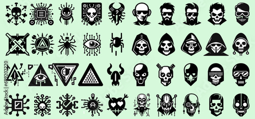 Mega set of black and white cyberpunk characters and elements isolated on a light green background. Hackers, cyber warriors, skulls, futuristic symbols and signs.