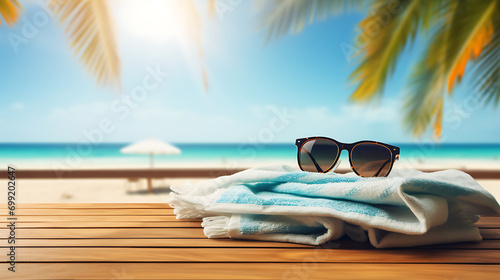 Wooden table background of free space for your decoration. Landscape of beach with palms and ocean. Blue summer sky and sun light. Summer time on beach. Generative Ai #699202647