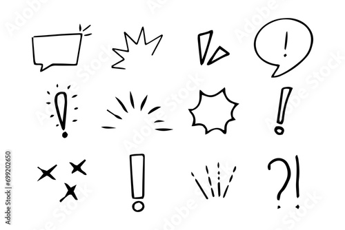 Set emotion attention elements, expressions speech bubble in comic doodle style isolated on white background