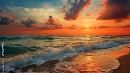 a sunset over a serene beach, where the golden hues of the setting sun illuminate the sky and reflect off the gentle waves crashing onto the shore. 
