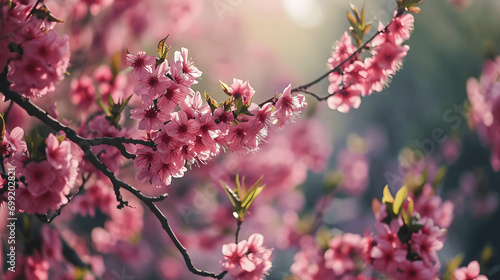Branches filled with vibrant pink cherry blossoms stand out against a diffused background, bathed in the golden light of dusk
