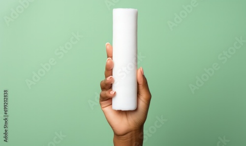 Close-up of Hand Holding White Cylindrical Object on Mint Green Background