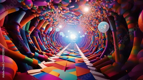 Embark on a trippy rollercoaster ride through a labyrinth of kaleidoscopic dimensions, where reality and illusion blend seamlessly. photo