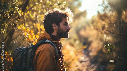 Man hiking with backpack standing in forest