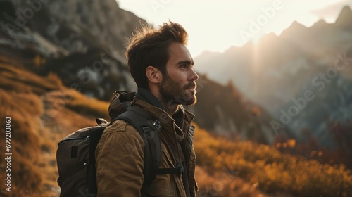Man hiking with backpack standing in forest