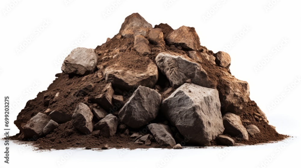 Dirt pile with rocks isolated on white background and texture, side ...