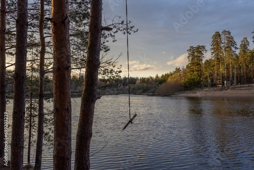 Swing stick over water, pine trees by the pond, tourist recreation area.