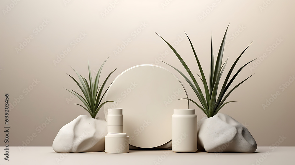 Yucca plant and geometric podium decoration elements for cosmetic product display, object placement mockup with plant 3d rendering. Generative Ai Yucca plant and geometric podium decoration elements for cosmetic product display, object placement mockup with plant 3d rendering. Generative Ai