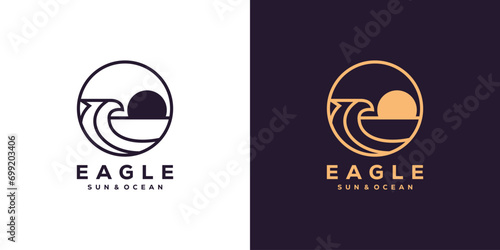 Creative Eagle Logo. Abstract Eagle Head and Ocean Wave Sun Falcon with Linear Outline Style. Icon Vector Logo Design Template.