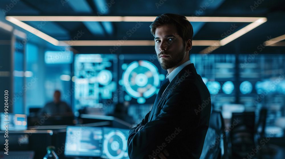 Fototapeta premium Tech entrepreneur Modernist portrait, holographic displays, sleek office backdrop, innovative attire