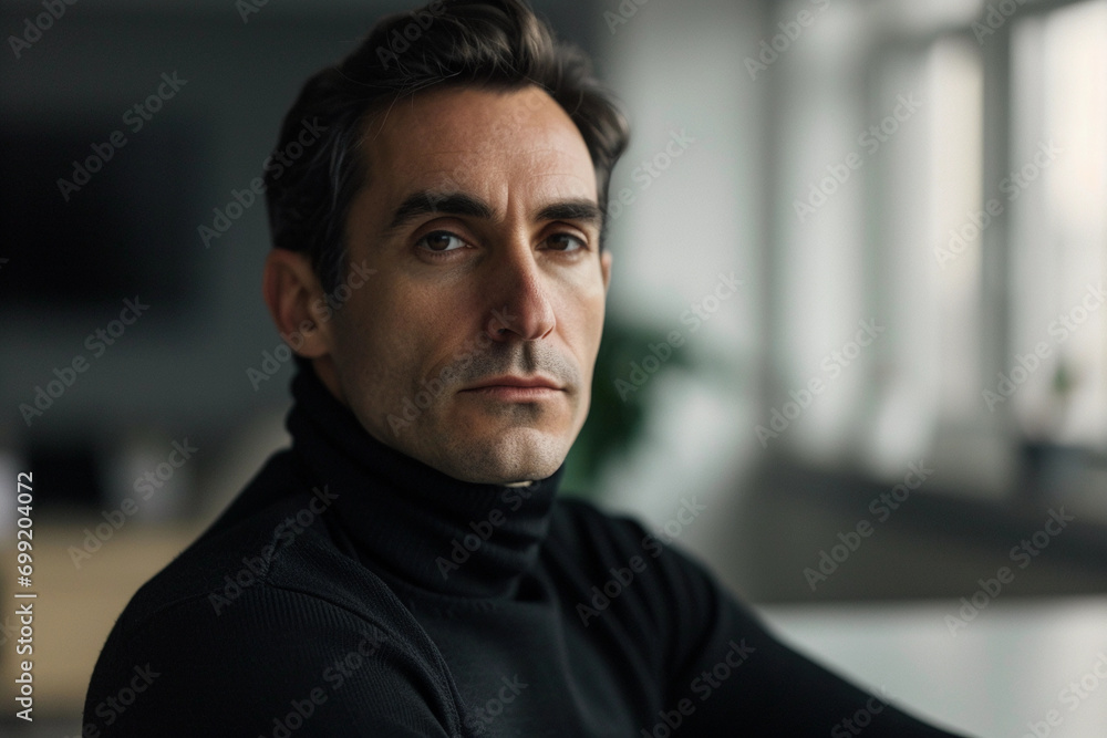 Tech entrepreneur portrait, minimalist office setting, sleek black turtleneck, confident gaze into the camera Tech entrepreneur portrait, minimalist office setting, sleek black turtleneck, confident gaze into the camera