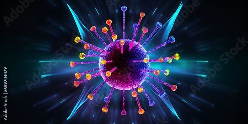 A colorful corona virus with neon lights on the dark background, shining Covid 19 virus, Coronavirus 2019nCov novel coronavirus concept Microscope virus close up Generative Ai
 photo