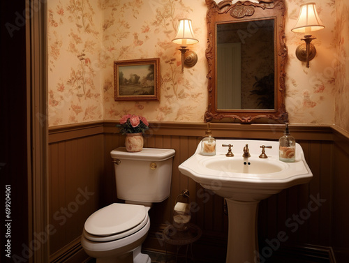 Elegant powder room  reflecting Victorian style with intricate wallpaper and sophisticated  vintage design elements.