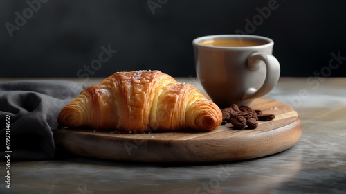 Cup of coffee and croissant on wooden table  closeup
