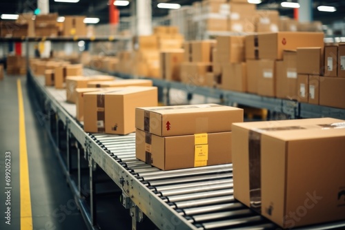 Conveyor Belt in a Modern Warehouse Full of Packaged Parcels Ready for Shipping