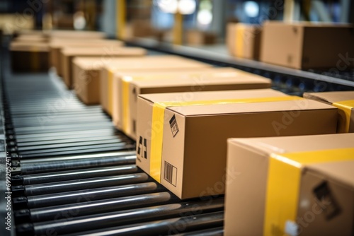 Conveyor Belt in a Modern Warehouse Full of Packaged Parcels Ready for Shipping photo
