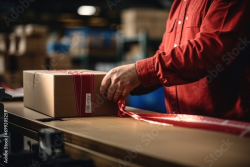 Male hands preparing cardboard box for shipment at warehouse