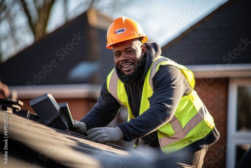 Portrait of a construction worker on home roof laying tiles photo