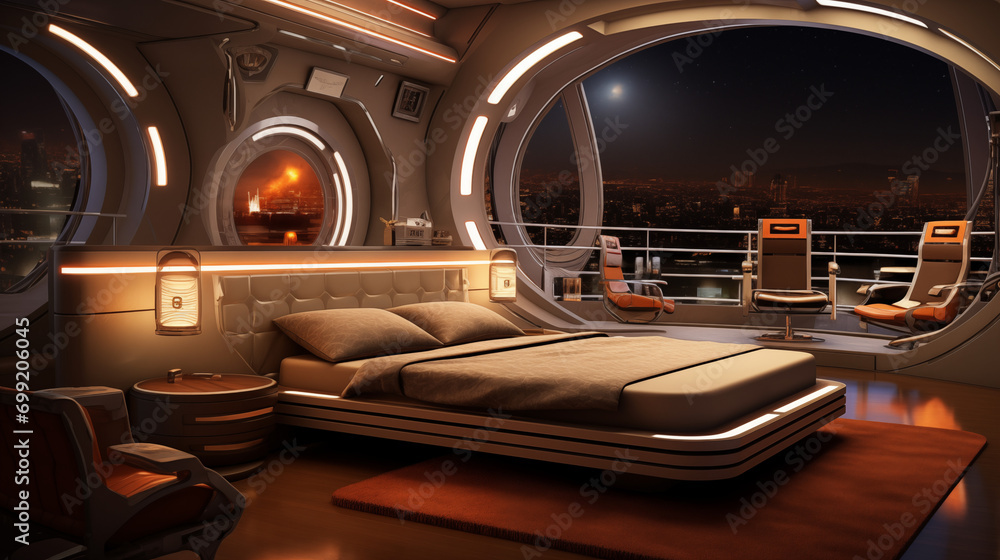 Create a bedroom with a futuristic space station Create a bedroom with a futuristic space station