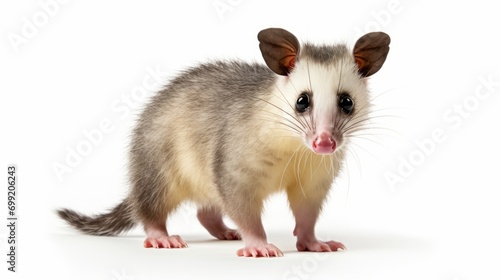 Young Virginian opossum (Didelphis virginiana) stands on a white background and looks at the camera. Isolated isolated on white background, - Created using AI Generative Technology photo