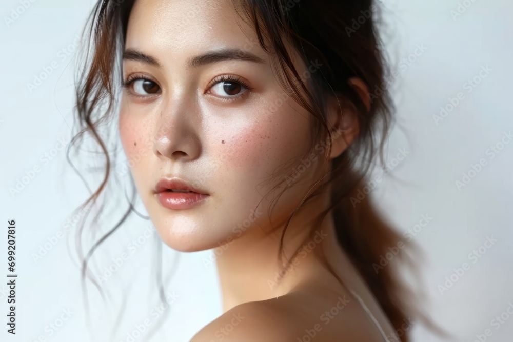Beauty portrait of young Asian woman on bright white background Beautiful young asian woman with clean fresh skin on white background Facial treatment, Cosmetology, plastic surgery. Beauty portrait of young Asian woman on bright white background Beautiful young asian woman with clean fresh skin on white background Facial treatment, Cosmetology, plastic surgery.
