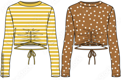 LONG SLEEVES WITH CREW NECK AND CENTER FRONT DRAWSTRING TIE UP DETAIL FOR YOUNG WOMEN AND TEEN GIRLS IN VECTOR FILE