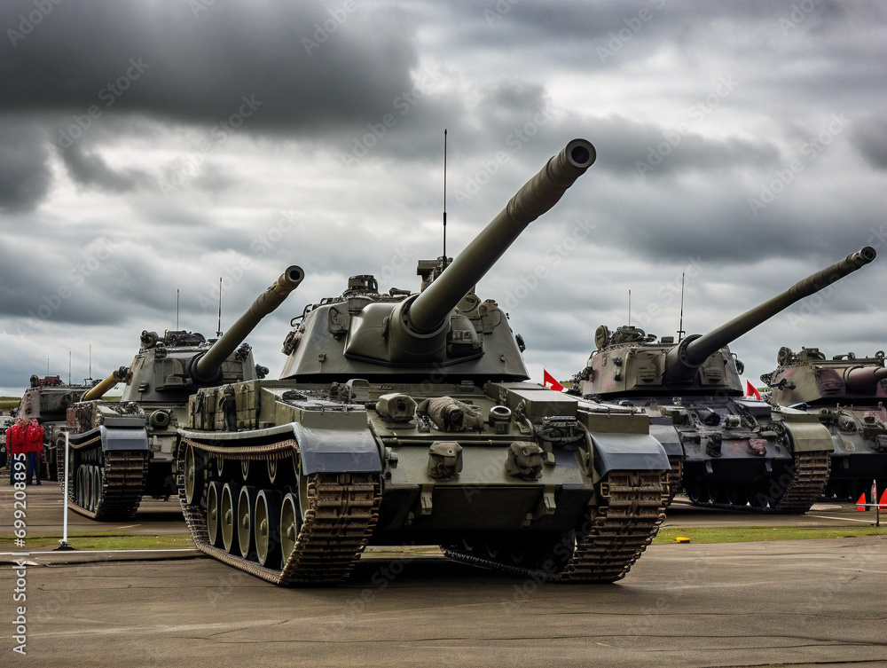 Rows of tanks and artillery showcase military strength and readiness in a powerful, organized formation. Rows of tanks and artillery showcase military strength and readiness in a powerful, organized formation.