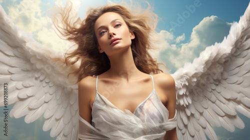 beautiful fantasy woman angel with wings on heaven, angel-like female