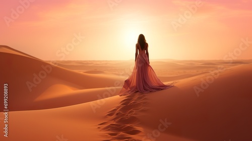 back view of woman in elegant dress walking by sahara dune at sunset  fashion concept