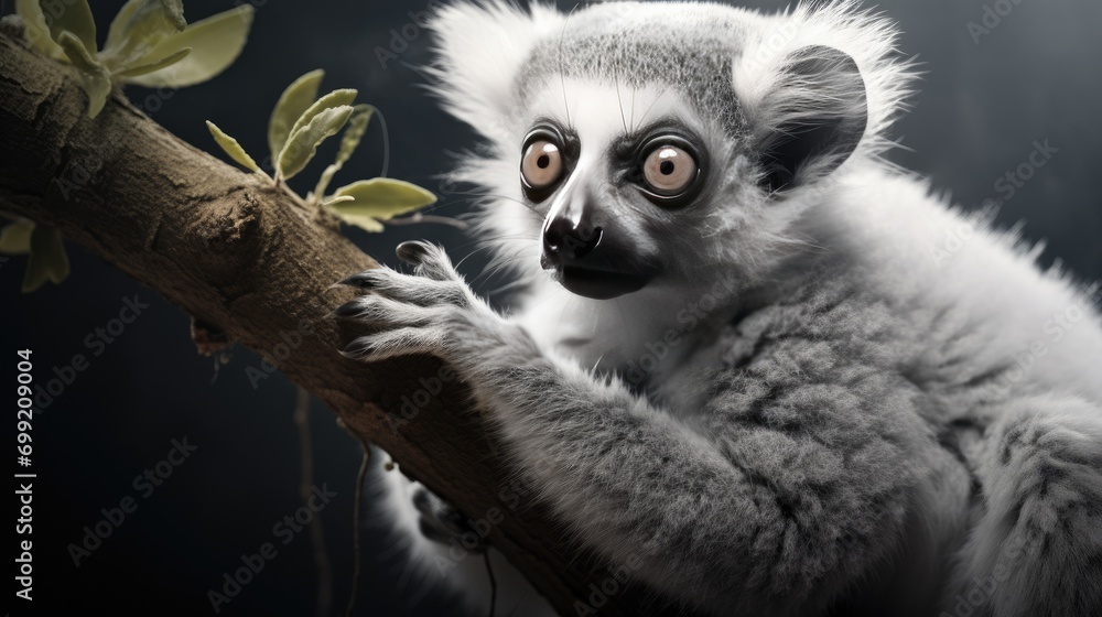 Close-up of a funny lemur looking at the camera. The animal in its natural environment. Natural background. Illustration for cover, postcard, interior design, banner, brochure, etc. Close-up of a funny lemur looking at the camera. The animal in its natural environment. Natural background. Illustration for cover, postcard, interior design, banner, brochure, etc.