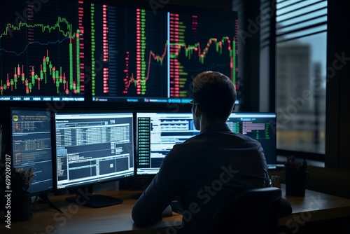 Crypto investor analyst broker analyzing financial stock trade stock market exchange platform indexes digital chart data. 