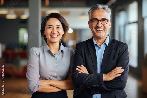 Happy, smiling, confident, professional, mature Latin businessman and Asian business woman, colleagues, corporate managers standing in the office, two diverse executives team arms crossed, portrait.  photo