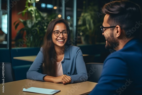 Interview of happy, smiling Indian hr manager with Latin professional and friendly support discussing job CV. Mentoring Hispanic male teachers and female students in multiethnic creative spaces. 