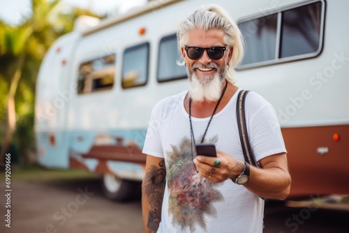 A mature, tattooed man is using a mobile phone, standing near an RV camper van on vacation. Smiling mature active traveler holding smartphone enjoying free internet in camping tourism nature park.