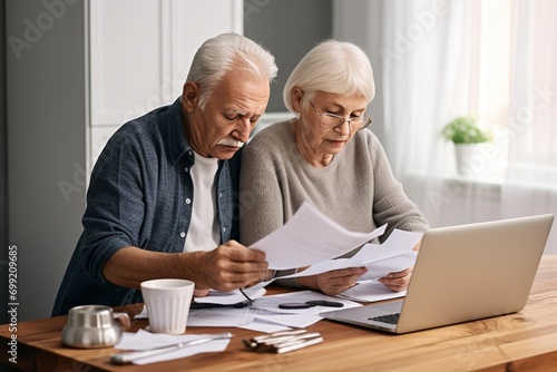 Middle-aged senior couples hold documents, read paper bills, pay bank loans online, calculate pension fees, payments, and taxes, planning family retirement money finances using a laptop at home. photo