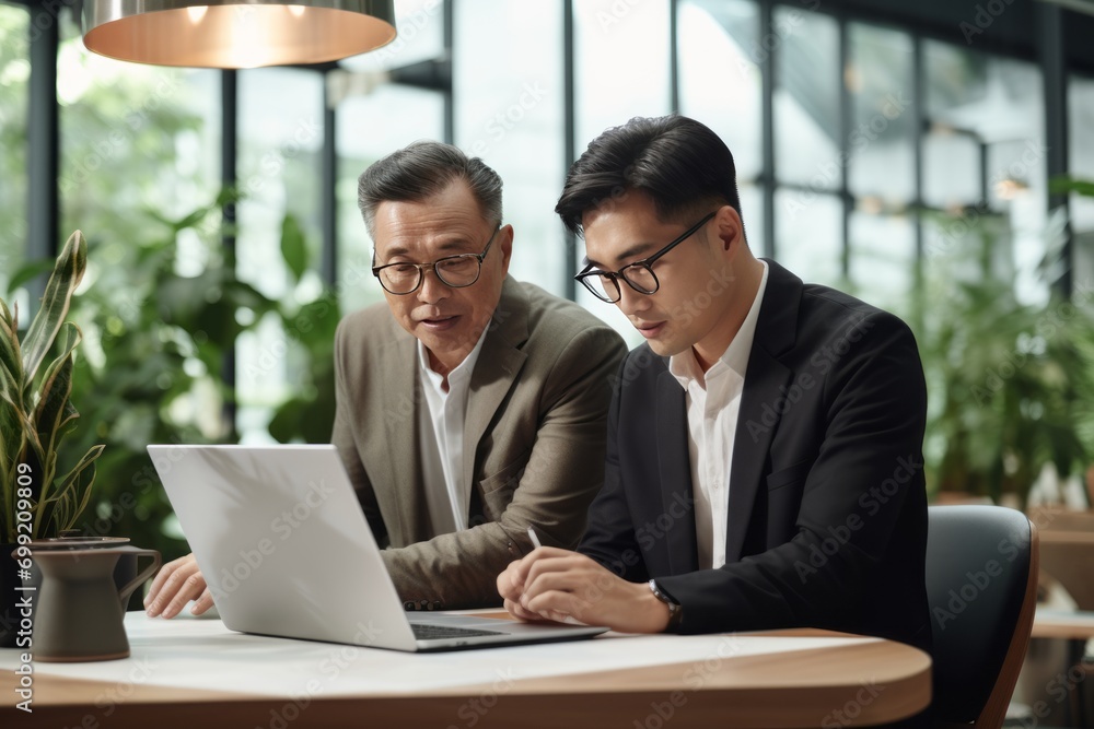 Two busy, diverse professional coworkers are discussing work using a laptop. Asian employee learning online project discussing business plan with mature manager looking at computer at meeting. Two busy, diverse professional coworkers are discussing work using a laptop. Asian employee learning online project discussing business plan with mature manager looking at computer at meeting.