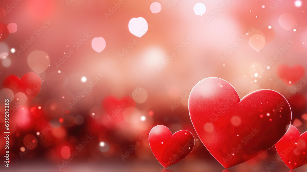 Abstract Valentine's Day background with red hearts and blurred bokeh lights. Festive love concept banner