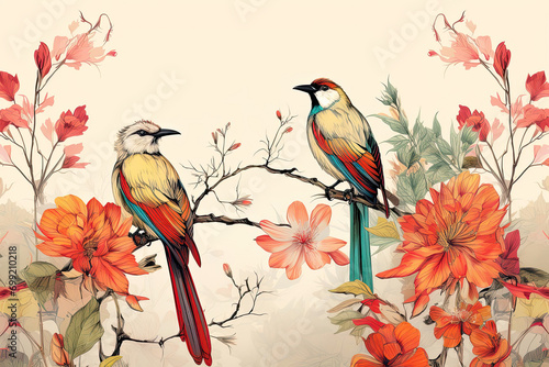 birds of paradise and flowers on a light background. Illustration for postcards, congratulations. © Natali9yarova