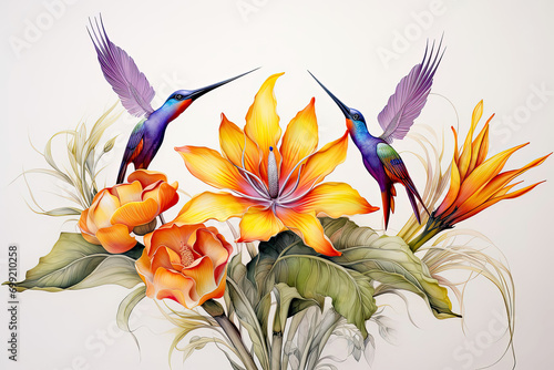 birds of paradise and flowers on a white background. Illustration for postcards, congratulations.