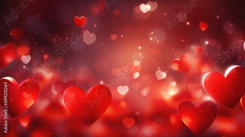 Abstract Valentine's Day background with red hearts and blurred bokeh lights. Festive love concept banner