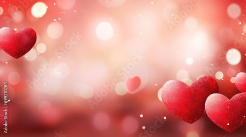 Abstract Valentine's Day background with red hearts and blurred bokeh lights. Festive love concept banner