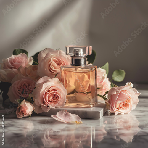 Perfume bottle Clear | Pink roses | Marble top | Beauty product mock up | product photography