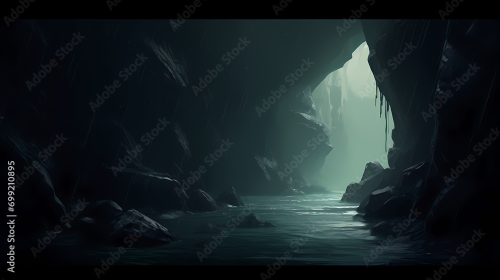 Dark cave with opening leading to raging river