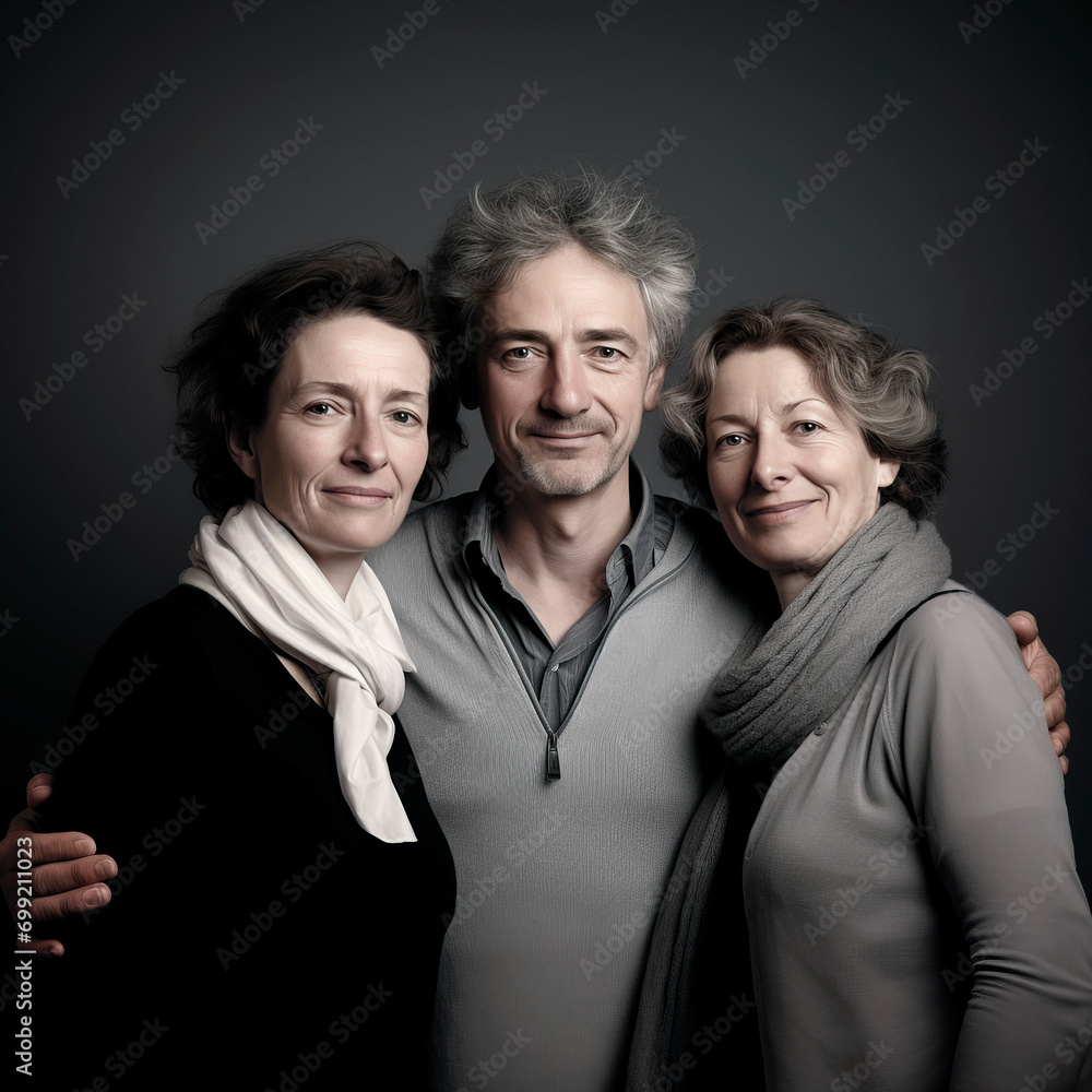 Three people, a man and two middle-aged women photographed in a family portrait studio Three people, a man and two middle-aged women photographed in a family portrait studio