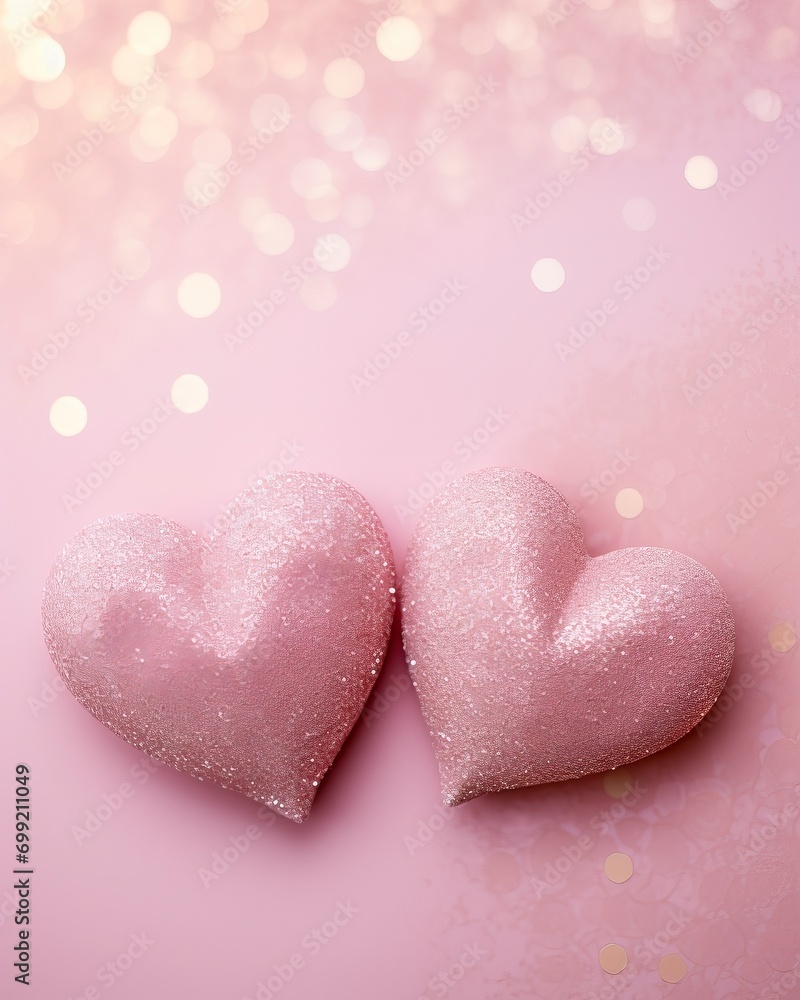 Two Soft Pink Hearts With Lace On pink Glitter Background With Sparkles, copy space - generative ai Two Soft Pink Hearts With Lace On pink Glitter Background With Sparkles, copy space - generative ai