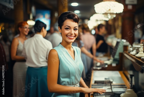 Wallpaper Mural Stylish Woman in Blue Dress Smiling in Busy Diner Torontodigital.ca