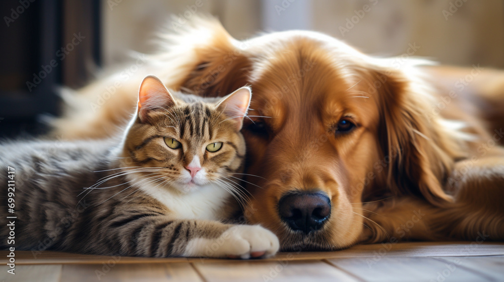 Obraz premium cat dog friend home comfortable lying together close up looking ai visual concept