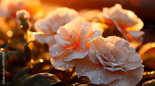 Flores cor de pêssego sob a luz dourada do entardecer